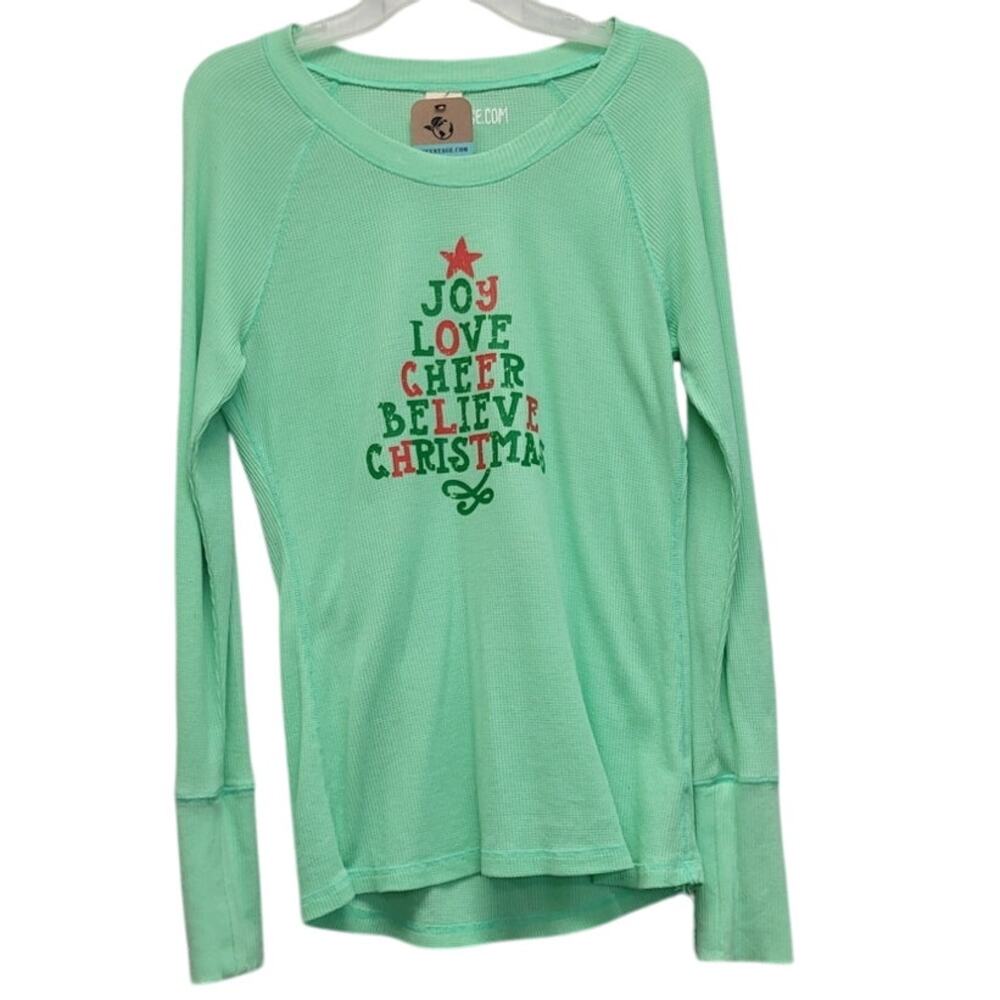 Hand Printed Upcycled Womens 2X Joy Love Cheer Believe Christmas Waffled Shirt